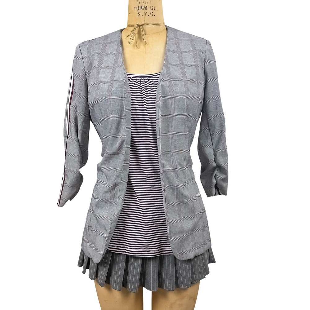 XOXO Y2K Grey Glen Plaid Open Front Blazer Ruched 3/4 Sleeve Side Stripe Size M